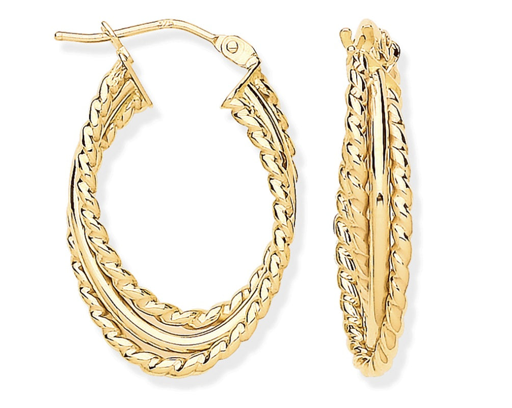 Triple Layer Ribbed & Plain Oval Hoop Earrings