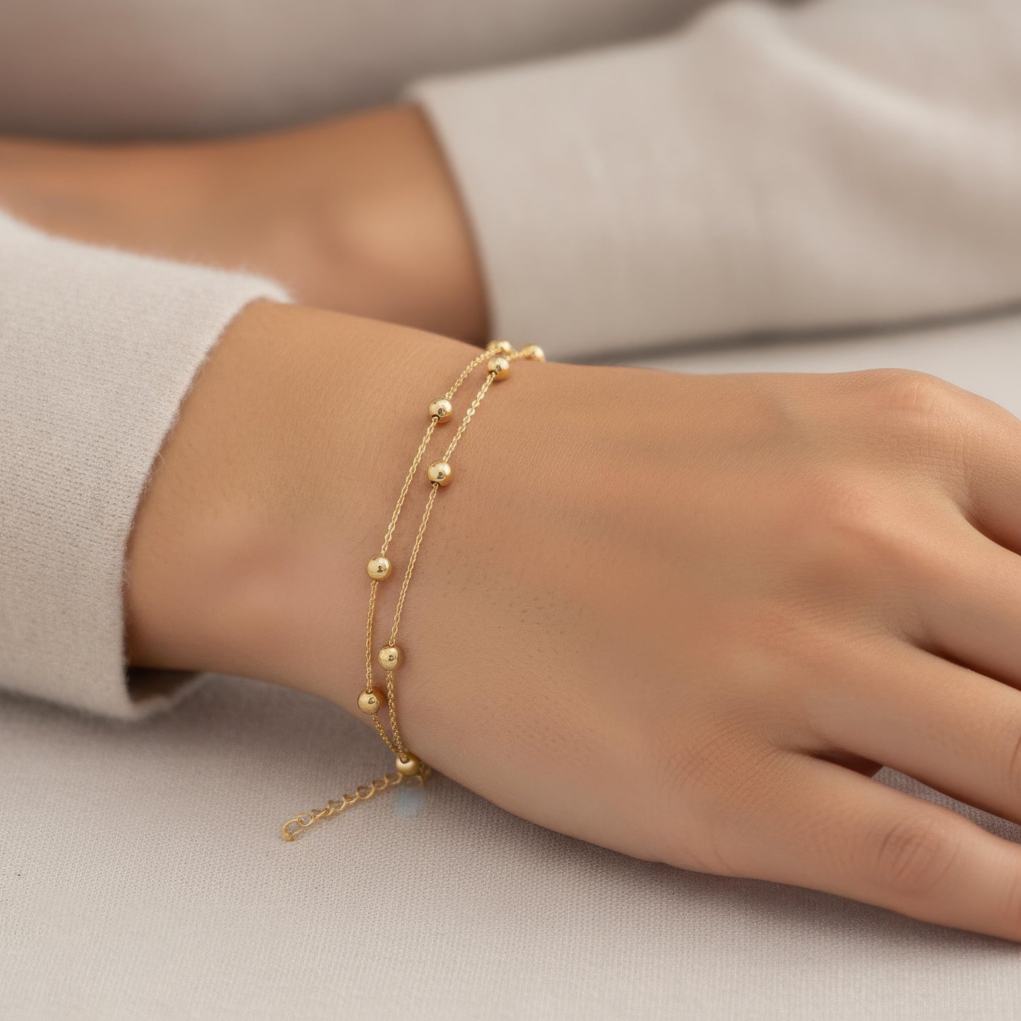 9CT YEL GOLD LADIES 2 STRAND BEADED BRACELET