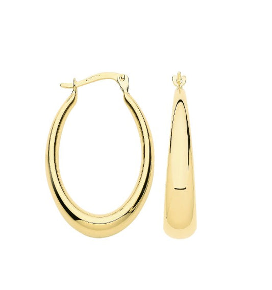9ct Gold Plain Elongated Oval Hoop Earrings