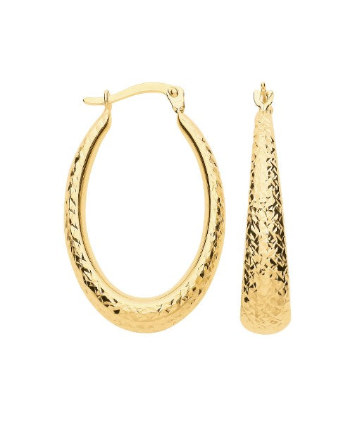 9ct Gold Diamond Cut Elongated Oval Hoop Earrings